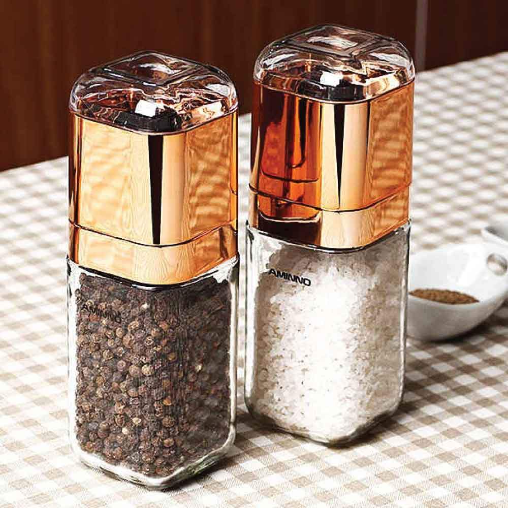Orku Single Salt or Pepper Grinder 180ml – Glass Manual Mill with Rose Gold Lid