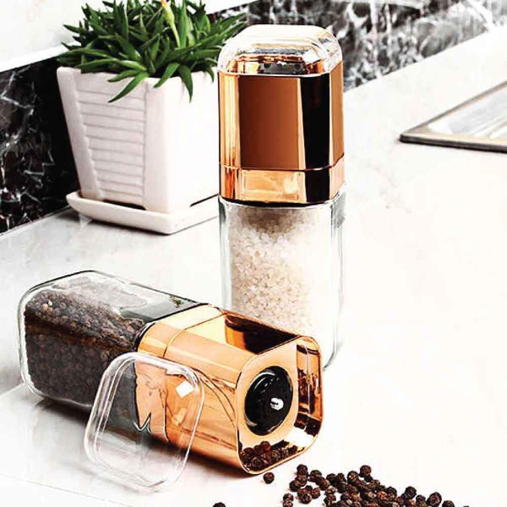 Orku Single Salt or Pepper Grinder 180ml – Glass Manual Mill with Rose Gold Lid