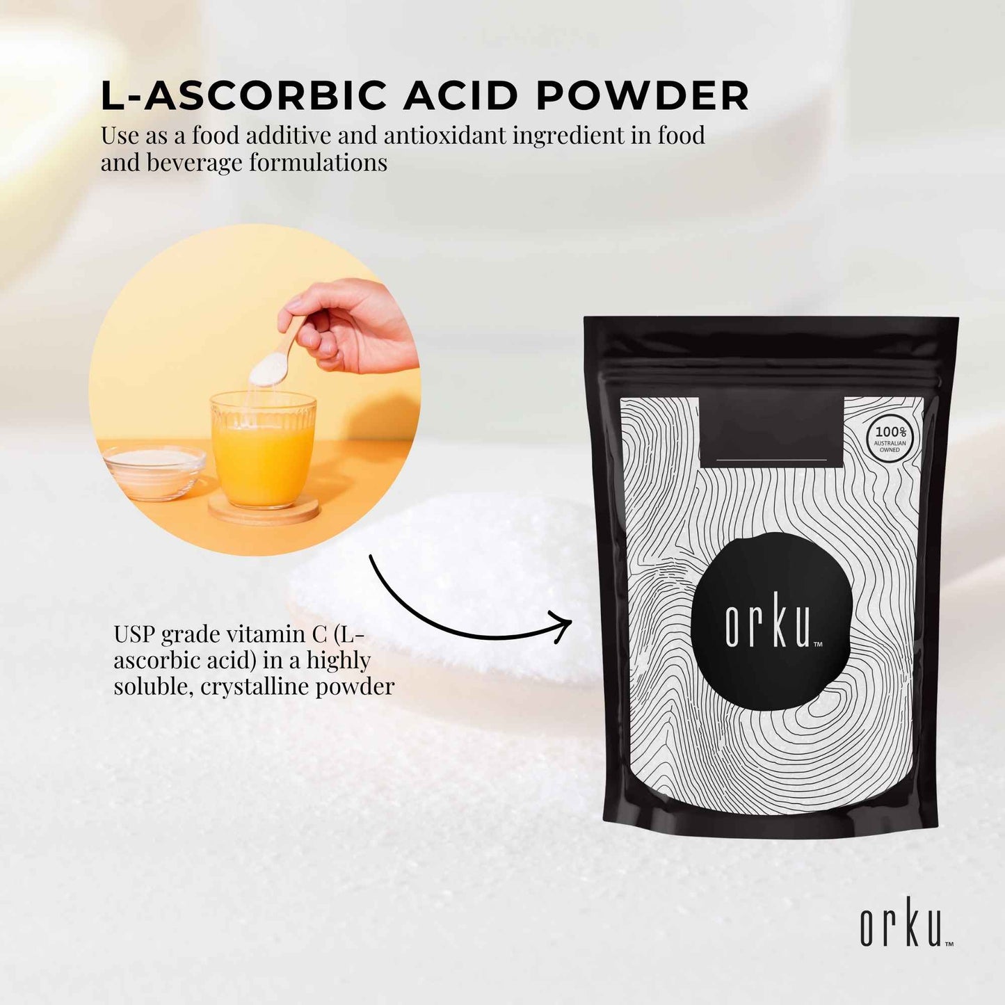 Orku Vitamin C Powder Pure L-Ascorbic Acid  USP Grade Bulk Sizes