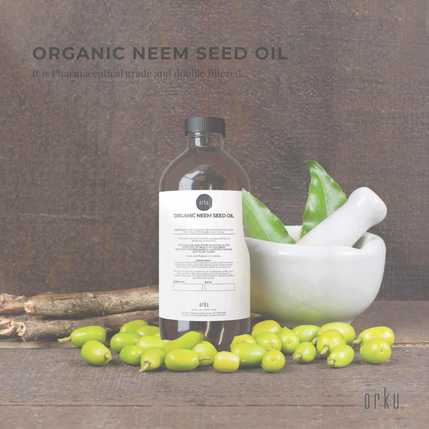 Orku Organic Neem Seed Oil - Debitterised Cold Pressed Azadirachtin Indica