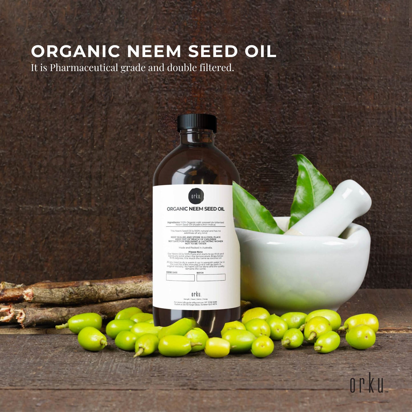 Orku Organic Neem Seed Oil - Debitterised Cold Pressed Azadirachtin Indica