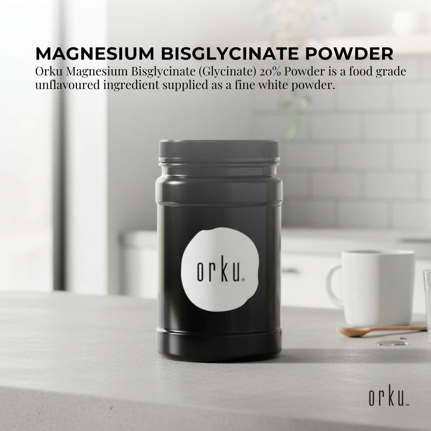 Orku 1Kg Magnesium Bisglycinate Powder Unflavoured Chelated - Jar