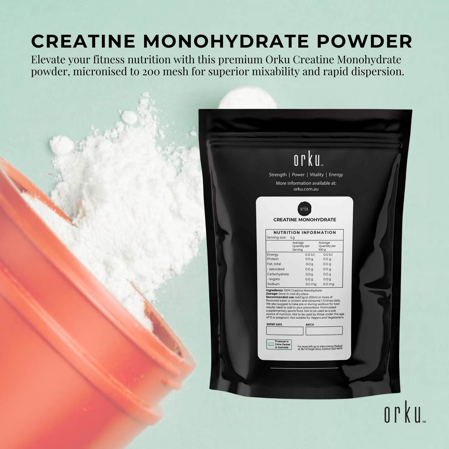 Orku Creatine Monohydrate Powder - 200 Mesh Micronised | 99.9% Purity