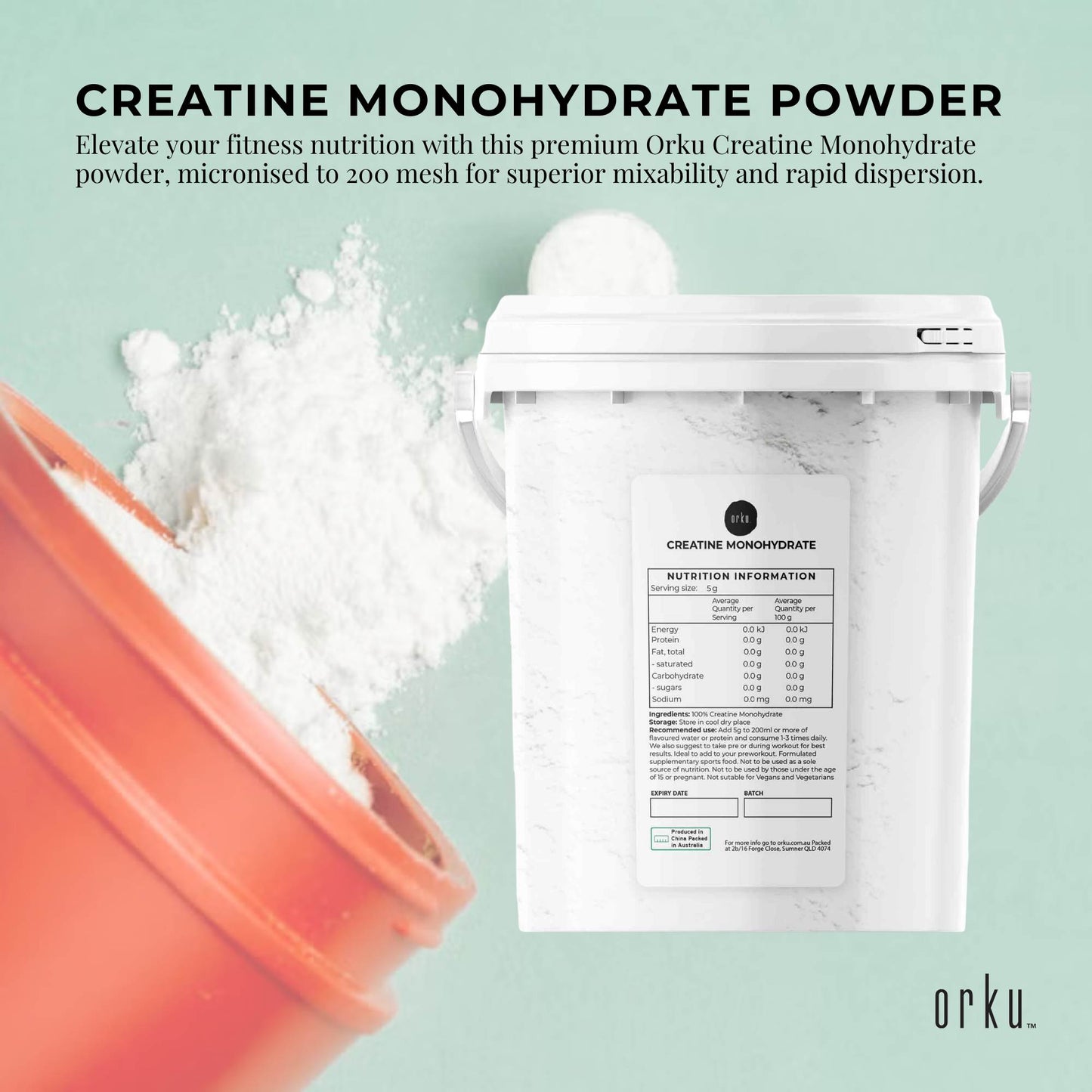 Orku Creatine Monohydrate Powder Bucket - 200 Mesh Micronised | 99.9% Purity