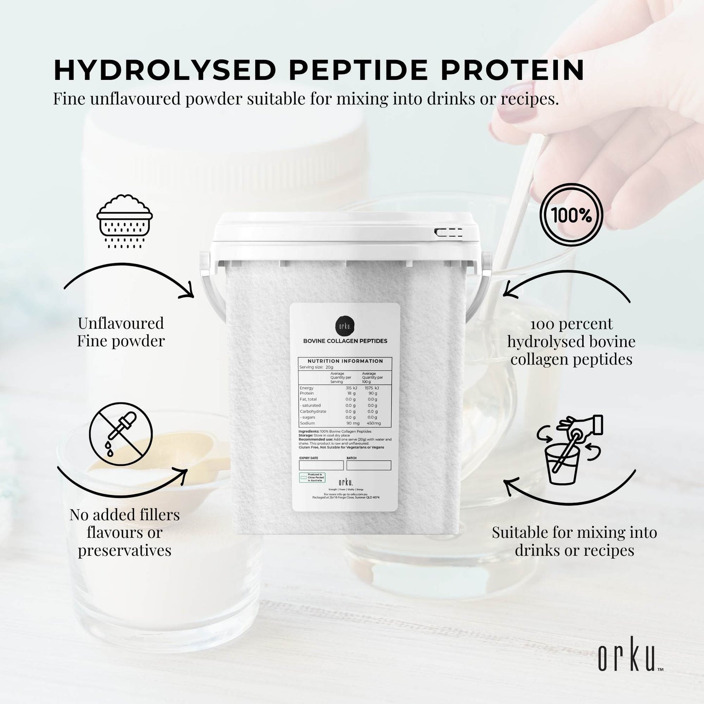 Orku Bovine Collagen Peptides Powder Tub - Hydrolysed Protein Unflavoured
