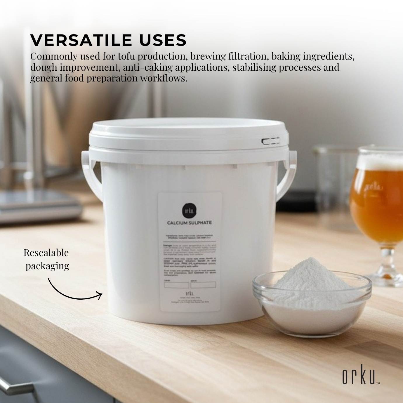 Orku Fine Calcium Sulphate Gypsum Powder Bucket - Dihydrate Food Grade FCC E516