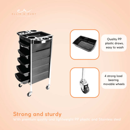 5 Drawer Hairdressing Trolley Black 90x30x36cm Hair Salon Beauty Rolling Cart