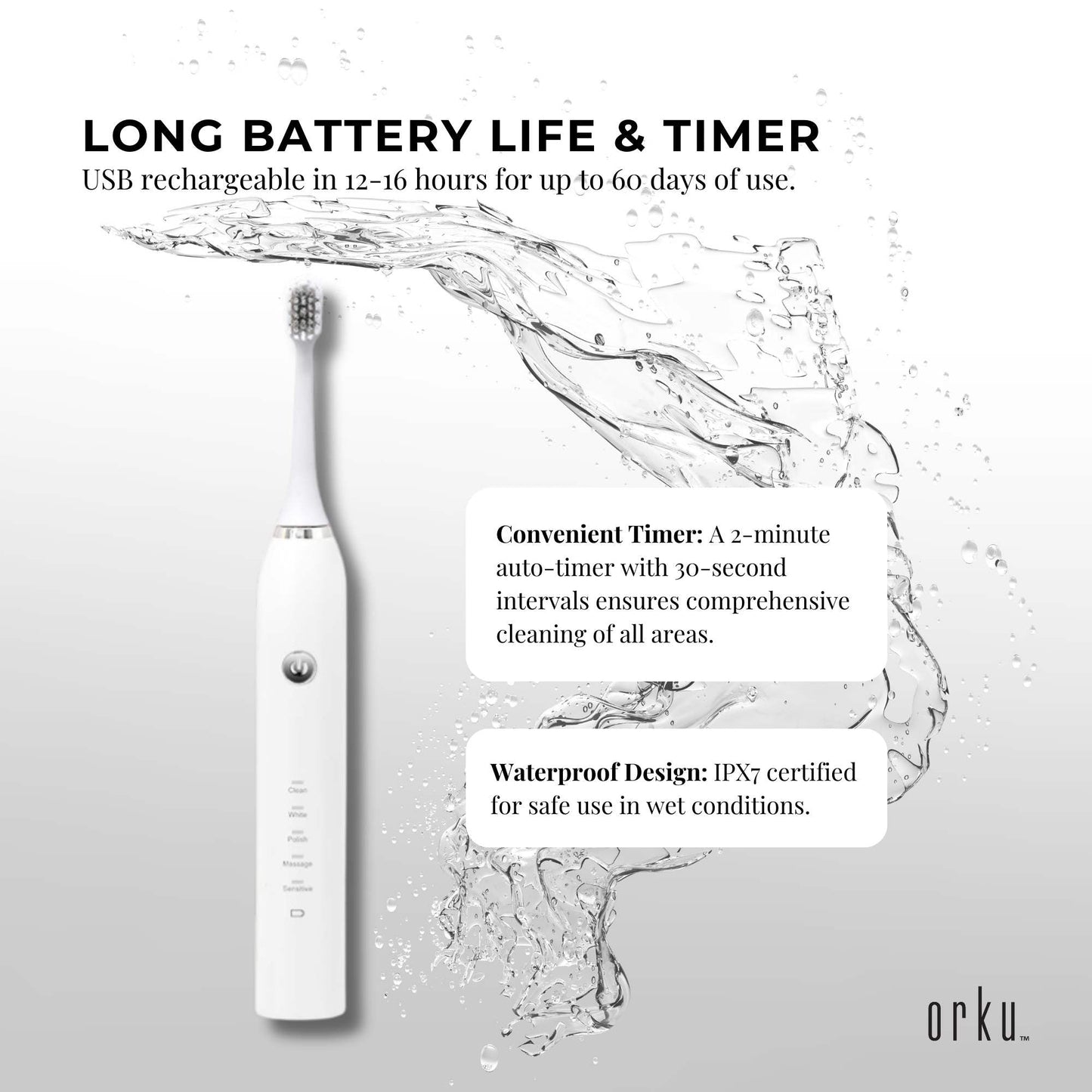 Sonic Electric Toothbrush White - Waterproof USB Charging 5 Modes 2 Heads + Case