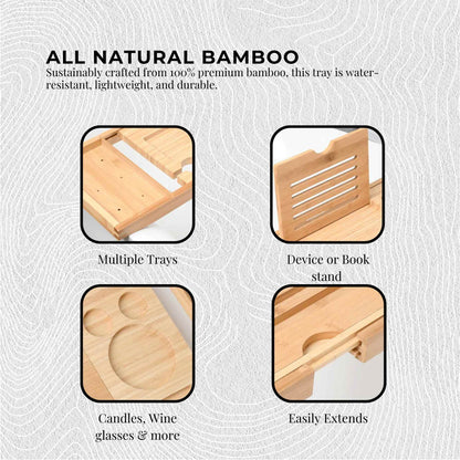 Orku Bamboo Bath Tray Caddy Adjustable - Spa Book Wine + Accessories Holder