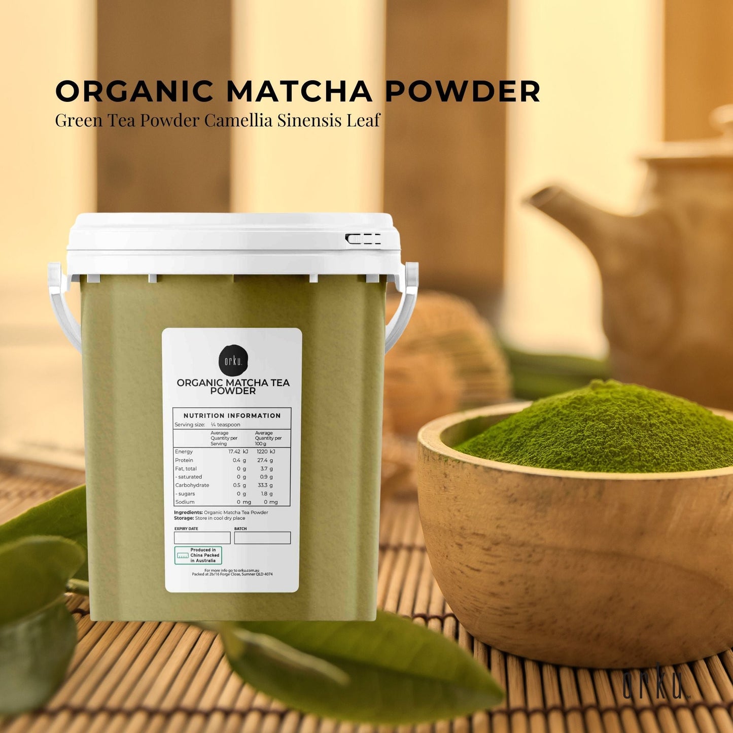 Organic Matcha Green Tea Powder Bucket Camellia Sinensis Leaf Supplementt