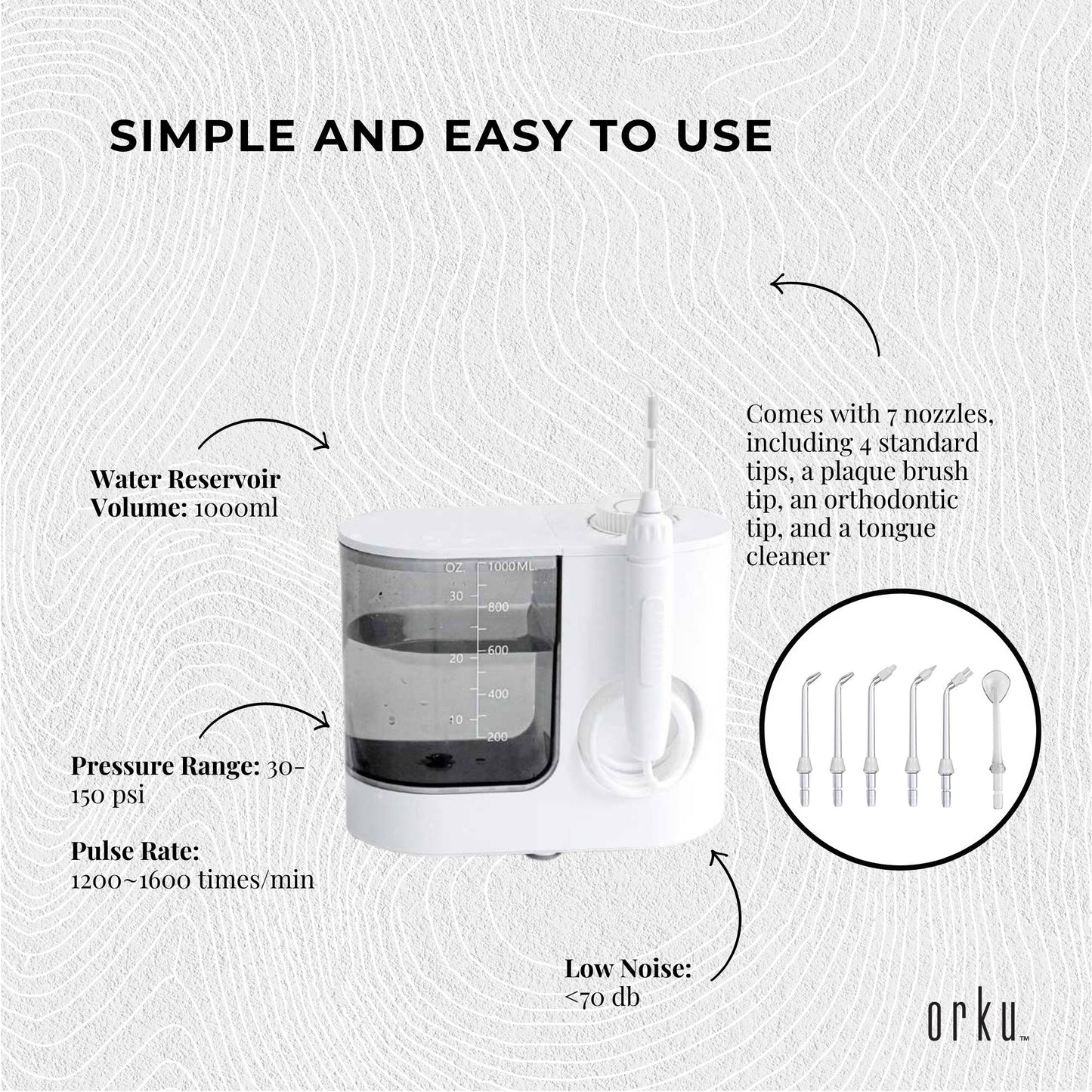 Orku 1000ml Water Flosser Electric Oral Irrigator - Stepless Pressure White