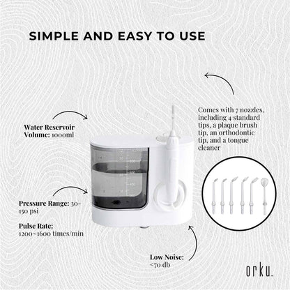 Orku 1000ml Water Flosser Electric Oral Irrigator - Stepless Pressure White