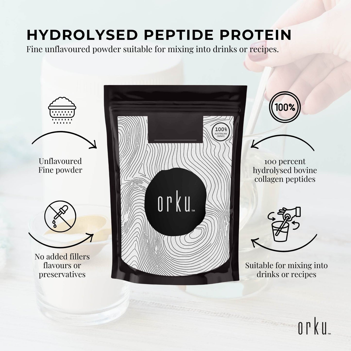 Orku Bovine Collagen Peptides Powder  - Hydrolysed Protein Unflavoured