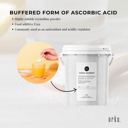 Orku 1.2Kg Sodium Ascorbate Tub - High Purity Soluble Crystalline Powder