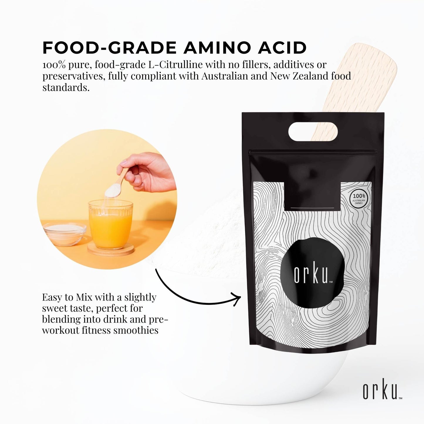 Orku L-Citrulline Powder - Pure Unflavoured Food Grade Amino Acid