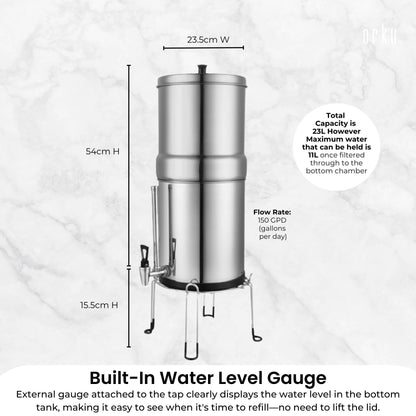 Orku 23L Gravity Benchtop Water Filter System with Gauge - Stainless Steel