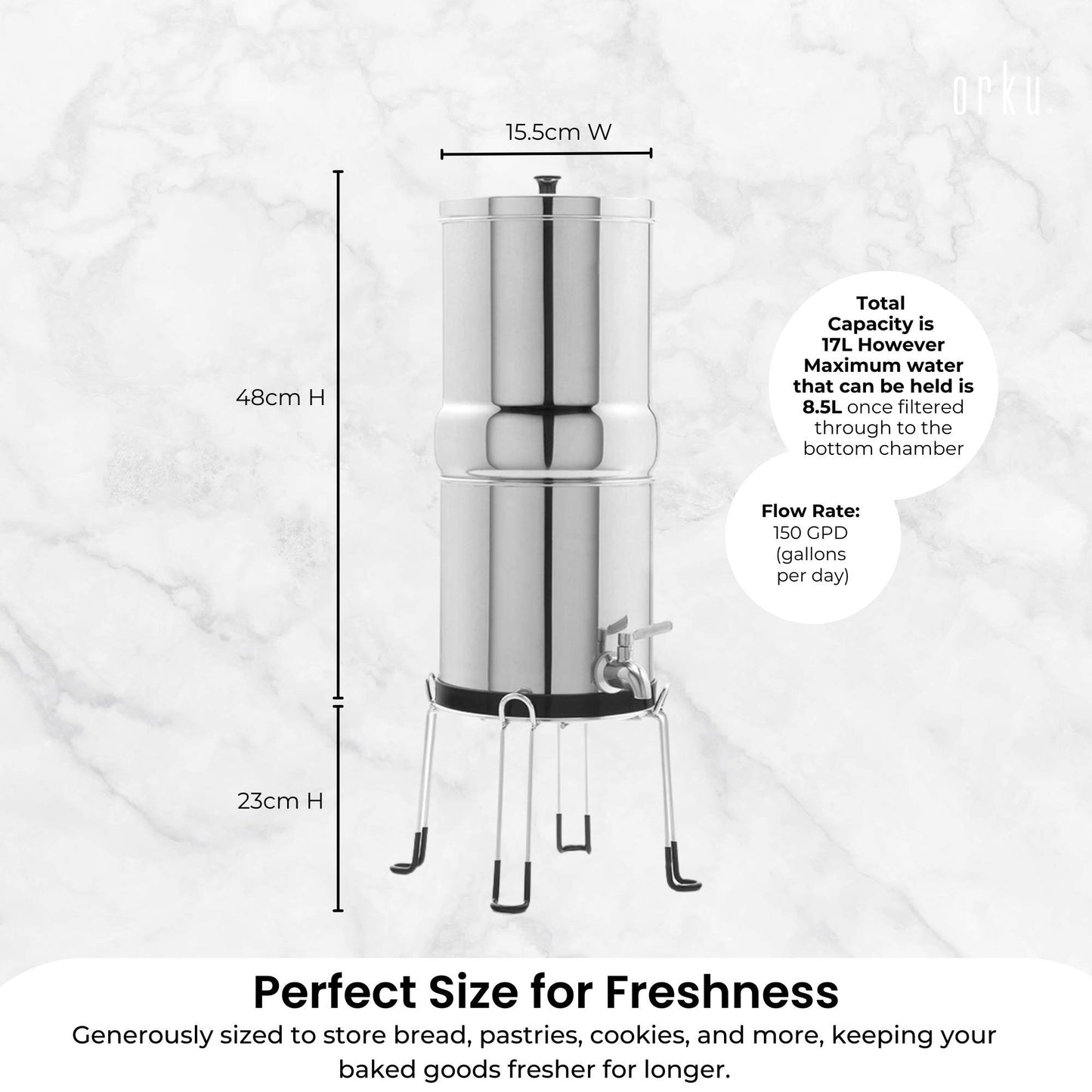 Orku 8.5L Gravity Benchtop Water Filter - Stainless Steel Fluoride Removal