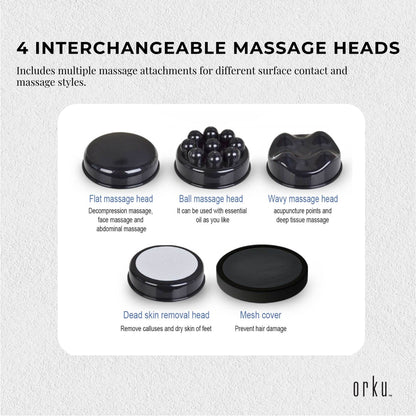 Orku Handheld Body Massager 4 Heads Adjustable Speed 28W Black