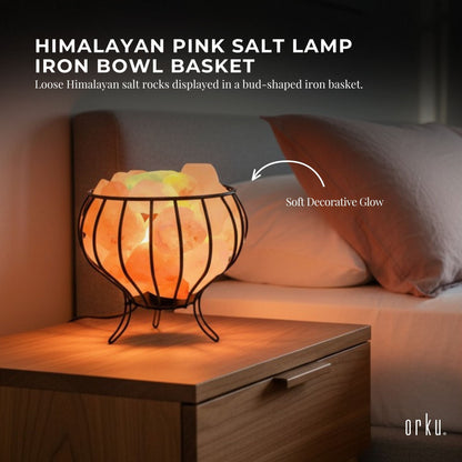 Orku Himalayan Pink Salt Lamp + Iron Bowl Basket - Hand Carved Night Light