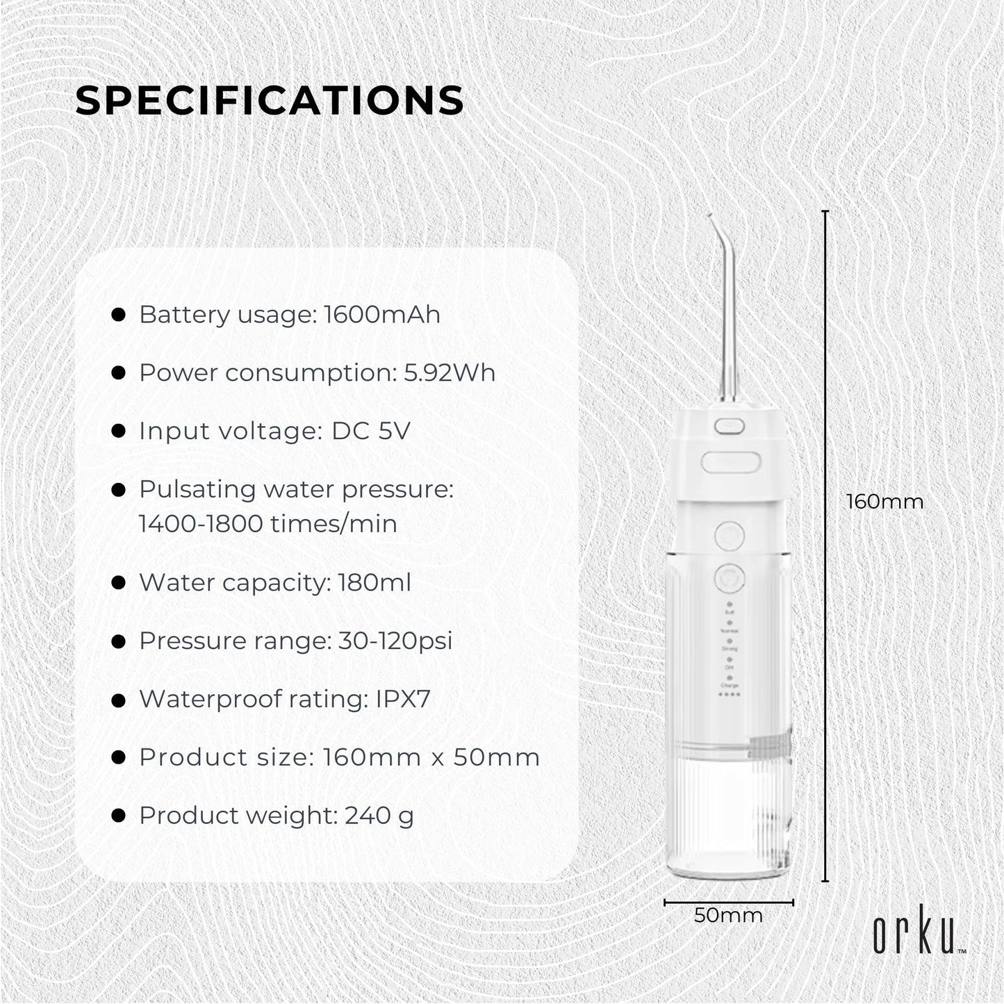 Orku Mini Water Flosser Rechargeable Portable Travel Oral Irrigator White