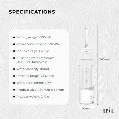 Orku Mini Water Flosser Rechargeable Portable Travel Oral Irrigator White