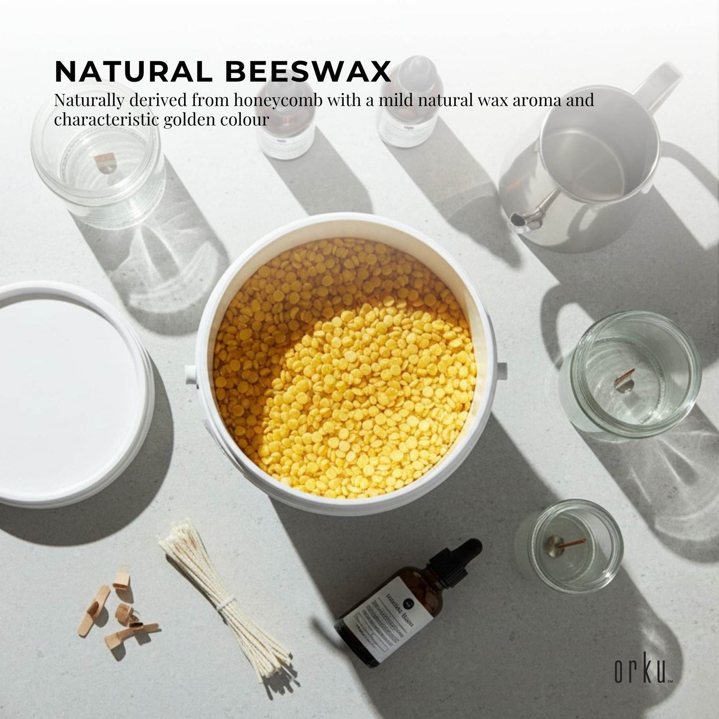 Orku Organic Beeswax Pellets Yellow Tubs - Cosmetic Grade Bees Wax Pastilles