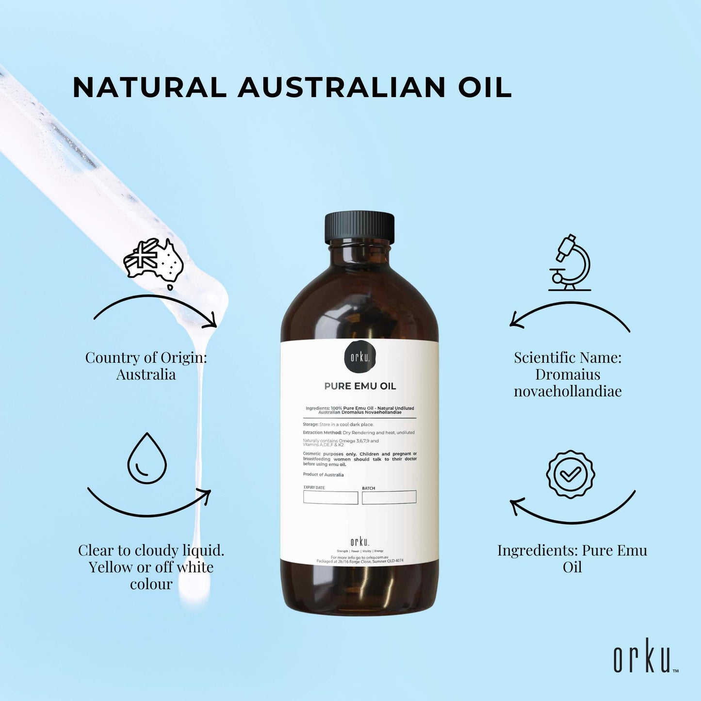 Orku Pure Emu Oil - Natural Undiluted Australian Dromaius Novaehollandiae