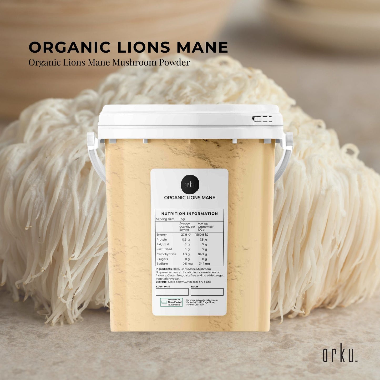 Organic Lions Mane Mushroom Powder Supplement - Hericium Erinaceus Bucket